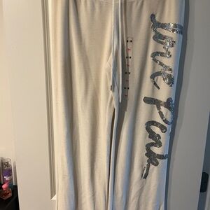 PINK Victoria's Secret Cream Track Pants with Silver Sequin Detail